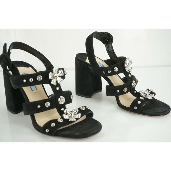 Prada Black Suede Silver Flower Studded Caged Strappy Sandals - Picture 3 of 10